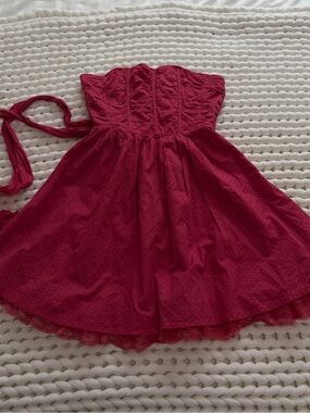 Pink Polka Dot Strapless Mini Dress with Lace Trim